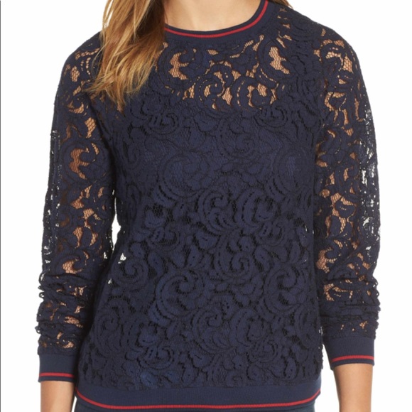 Halogen rib trim blue lace top long sleeve
